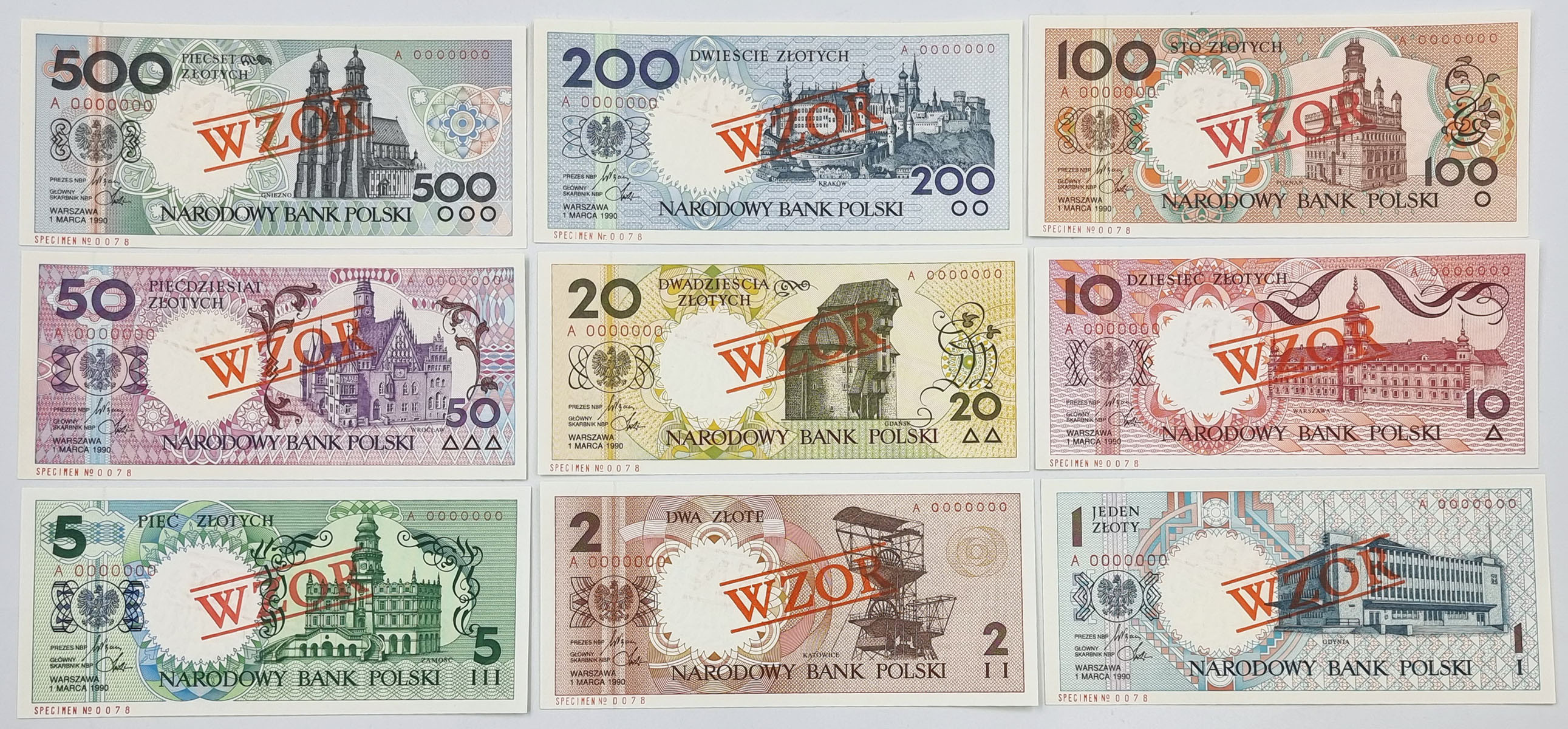 WZÓR/SPECIMEN Komplet Miasta Polskie 1-500 złotych 1990